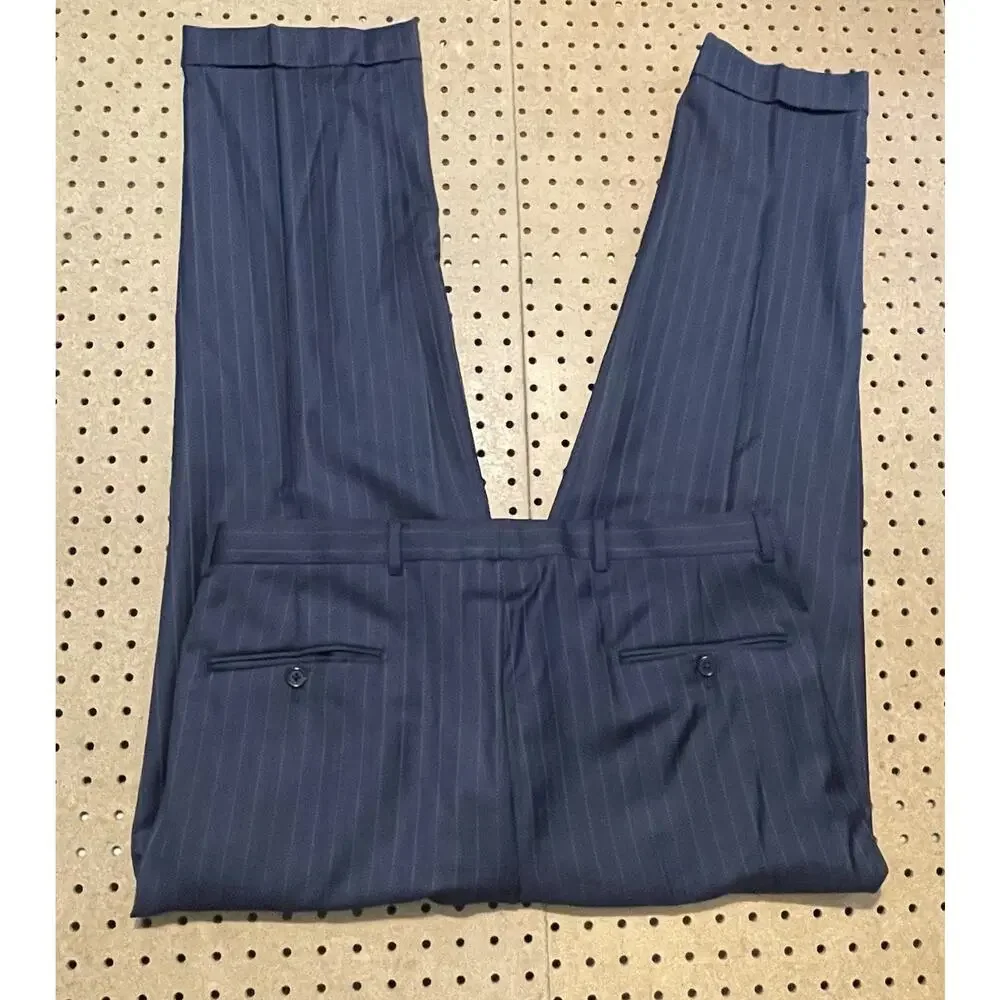 Hickey Freeman Suit Mens 44 R Navy 2pc Double Breasted Pinstripes Pants 36 USA